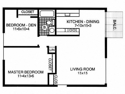 Floor plan for 2 beds, 1 bath, 880 sqft